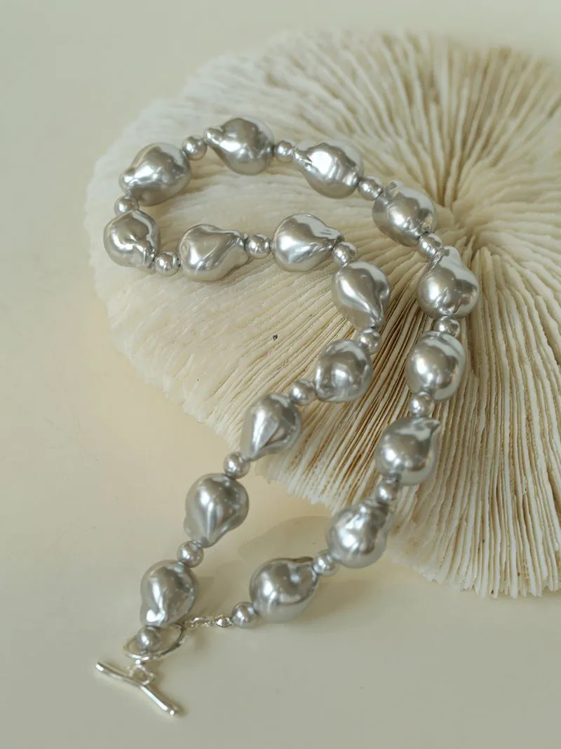 Stylish Baroque Pearl and Bead Beaded Necklace with OT Clasp