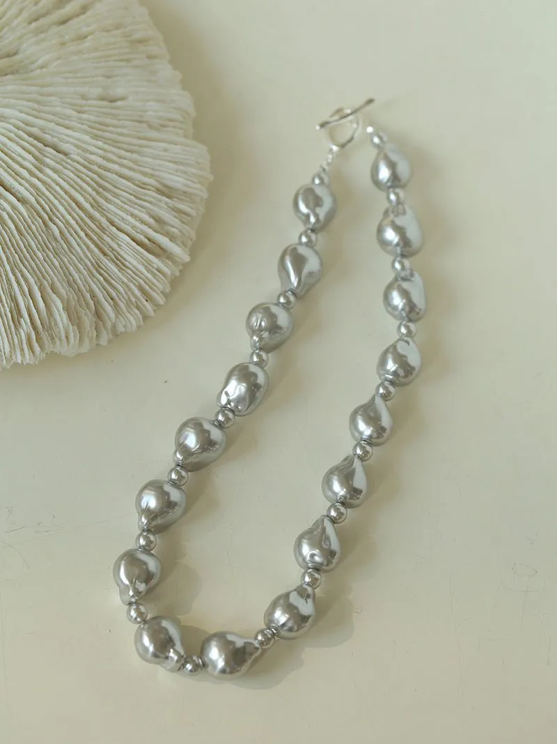 Stylish Baroque Pearl and Bead Beaded Necklace with OT Clasp