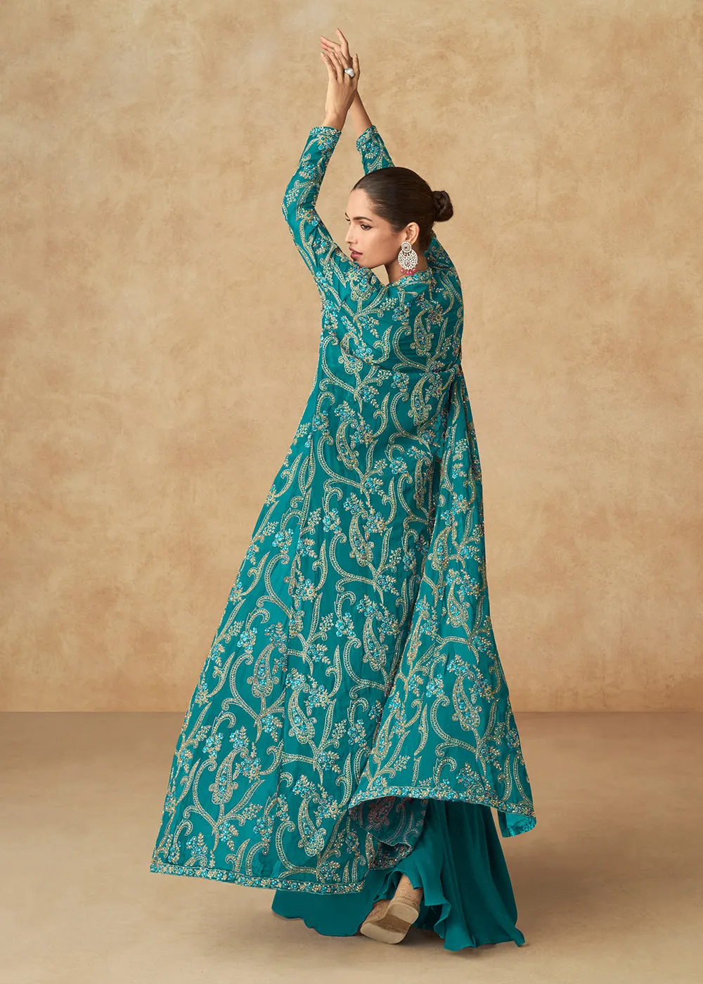 Teal Green Embroidered Jacket Style Palazzo Suit