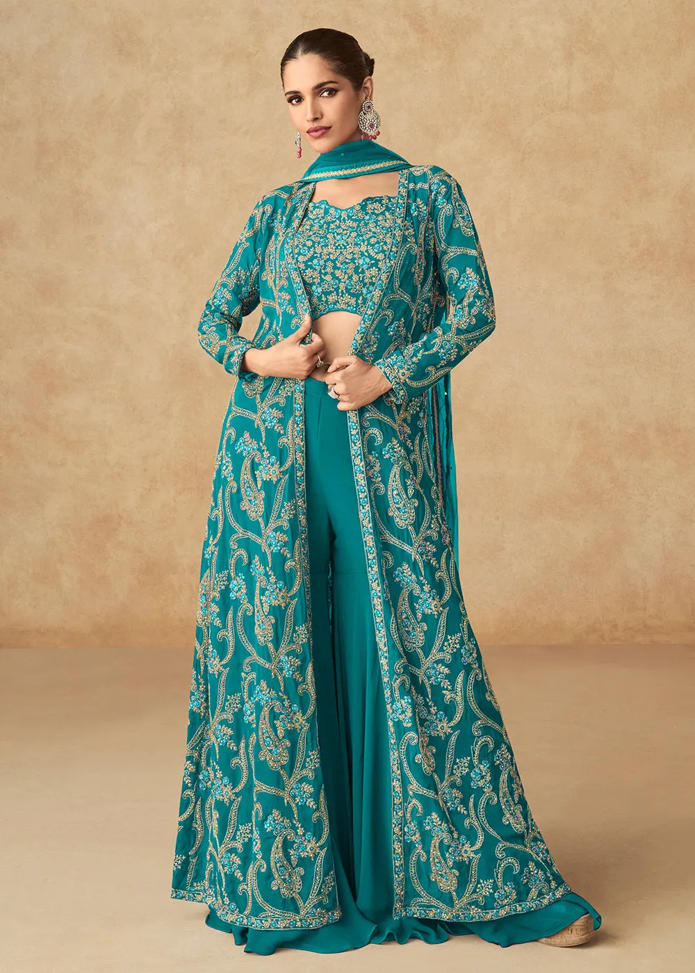 Teal Green Embroidered Jacket Style Palazzo Suit