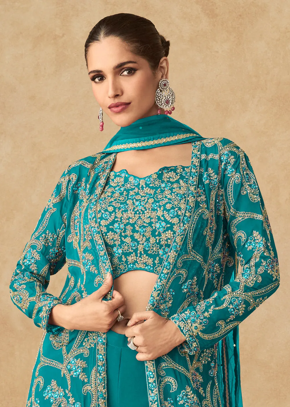 Teal Green Embroidered Jacket Style Palazzo Suit