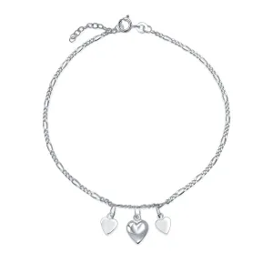 Three Dangling Hearts Charms Anklet Ankle Bracelet Sterling Silver 9-10"