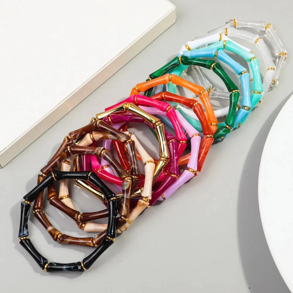 Three Pieces Set of Boho Bamboo Acrylic Bracelets for Women  -  New Colorful Resin Thin Tube Bead Stretchy Bracelet Bangle Stackable Jewelry - Perfect Gift for Women