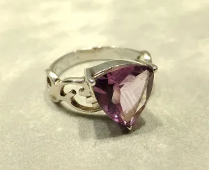 Triangle Style Genuine Amethyst Gemstone Ring In Sterling Silver