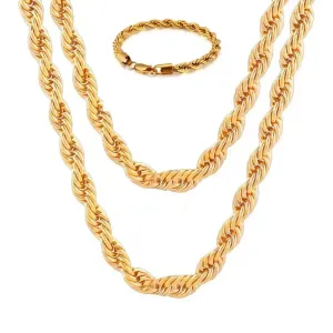 Two pieces New Fashion 18K gold 4mm twisted rope chain  necklace bracelets for men, women - Perfect gift for all occasions & Party - Elegant gift for all