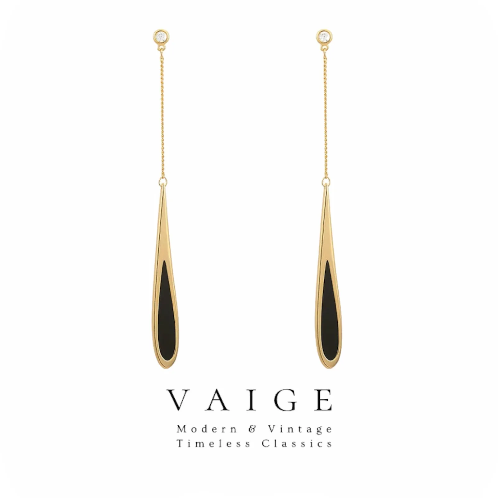 VAIGE Elegant Black and Gold Water Drop Tassel Earrings