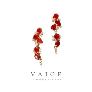 VAIGE Elegant Ruby Tassel Silver Stud Earrings with Vintage Charm