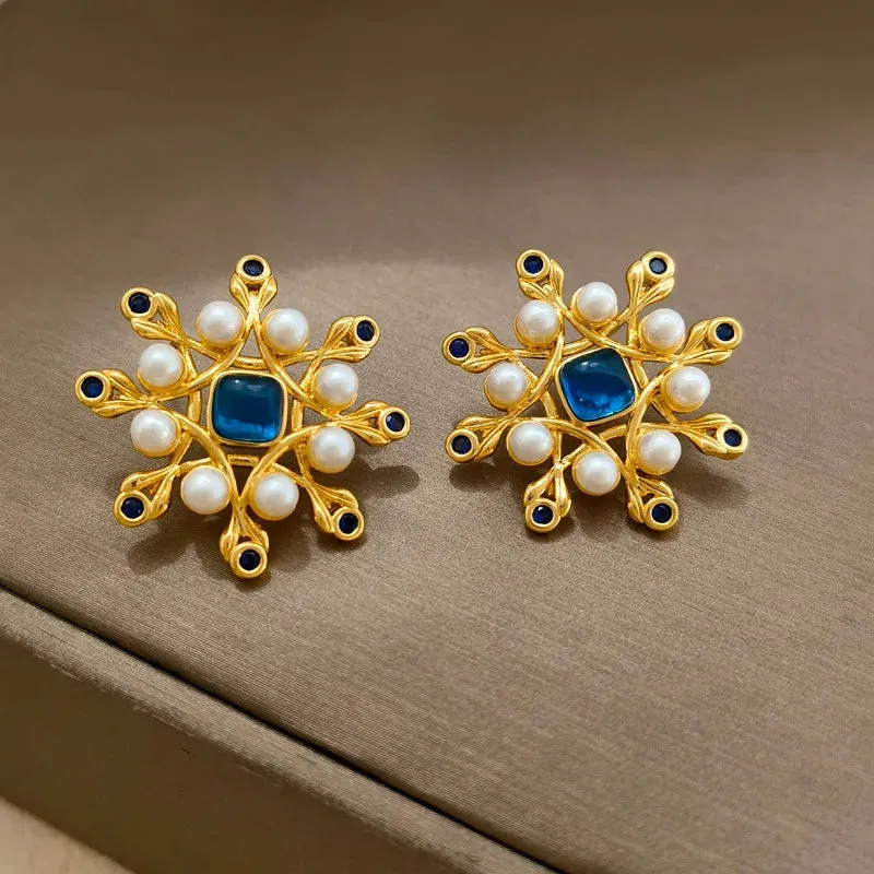 VAIGE Elegant Vintage Blue Pearl Blossom Earrings