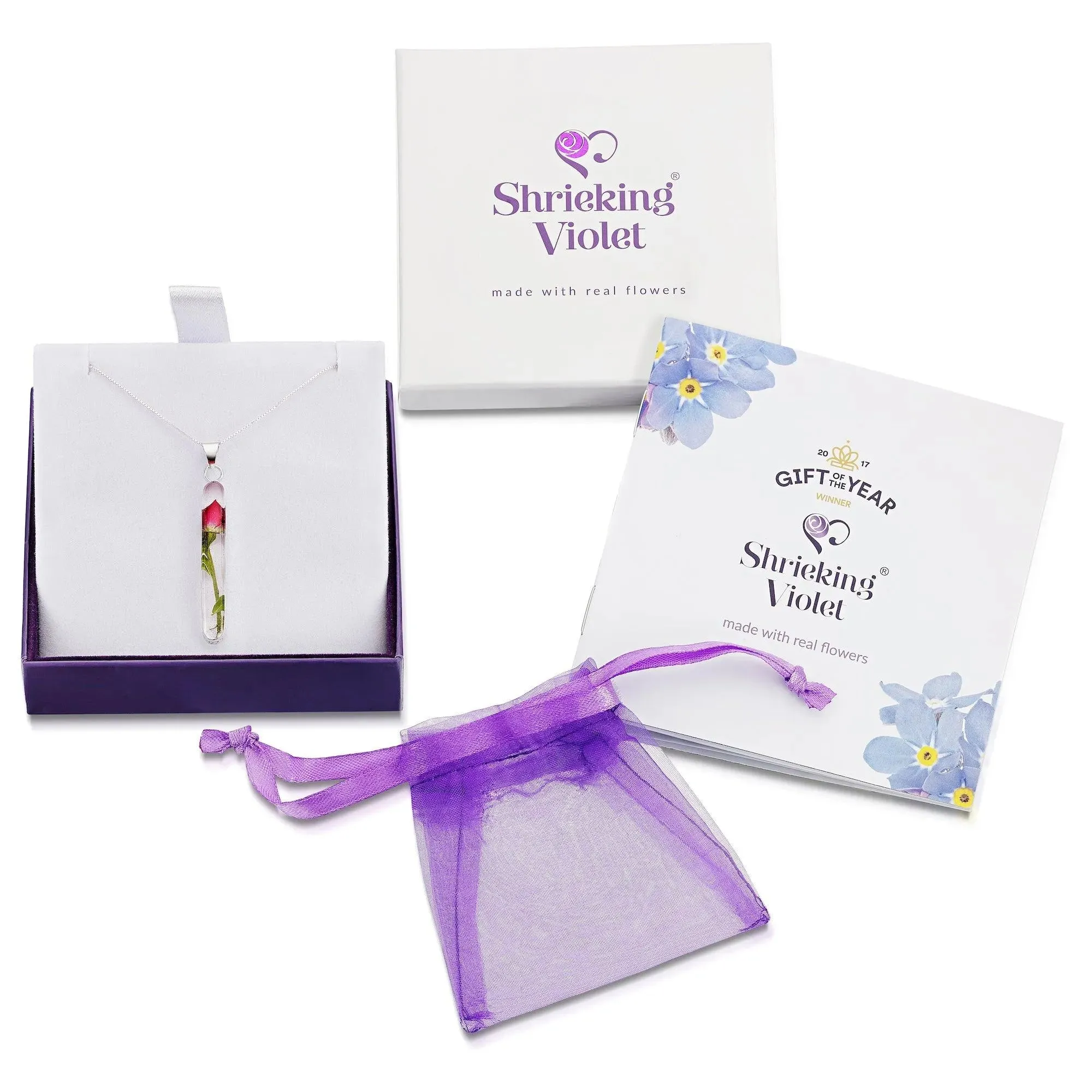 Valentines day gift - Miniature rose necklace by  Shrieking Violet® Sterling silver pendant with a real rose stem with giftbox. Valentine jewellery