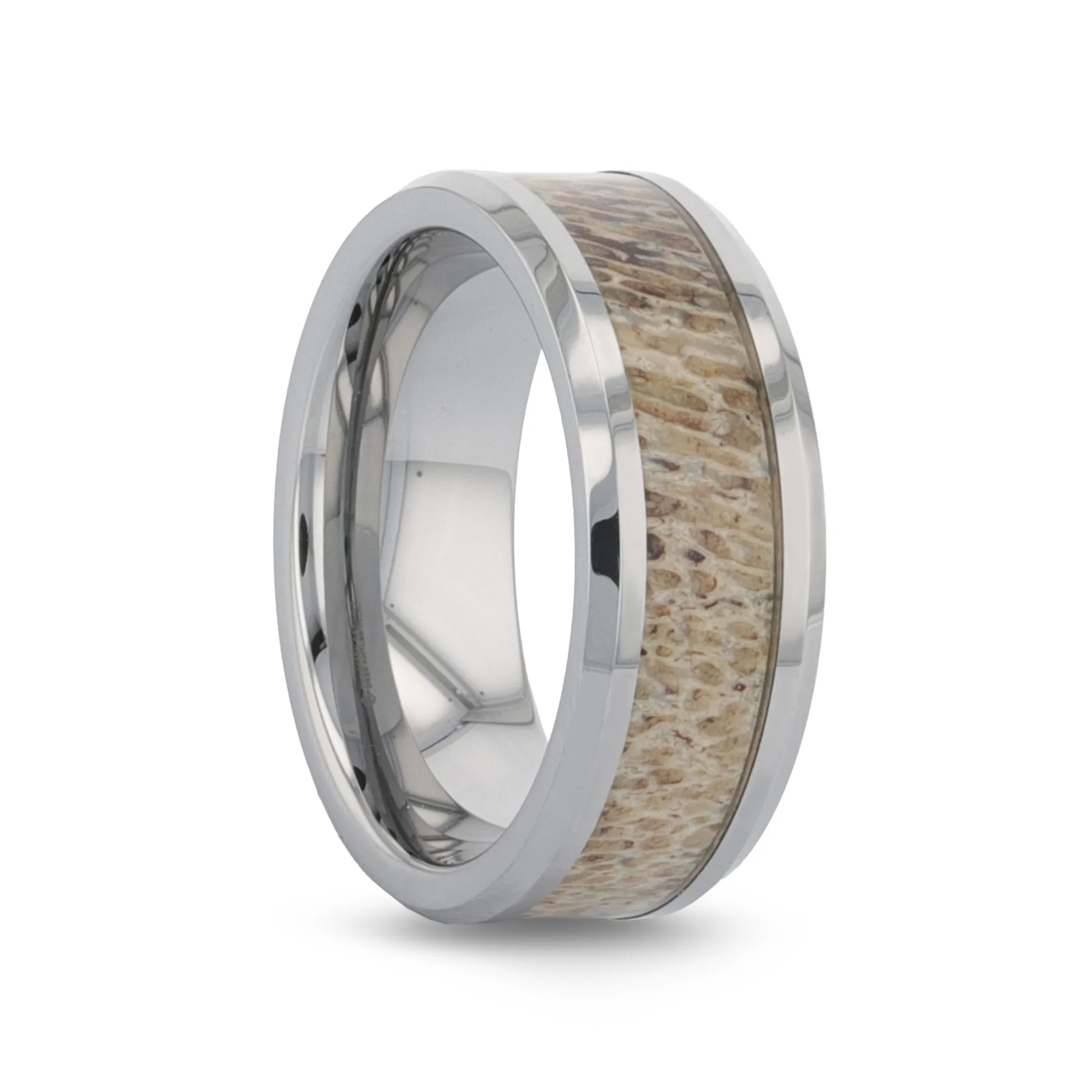 VENADO Beveled Tungsten Carbide Polished Men's Wedding Band with Variable Antler Inlay - 8mm