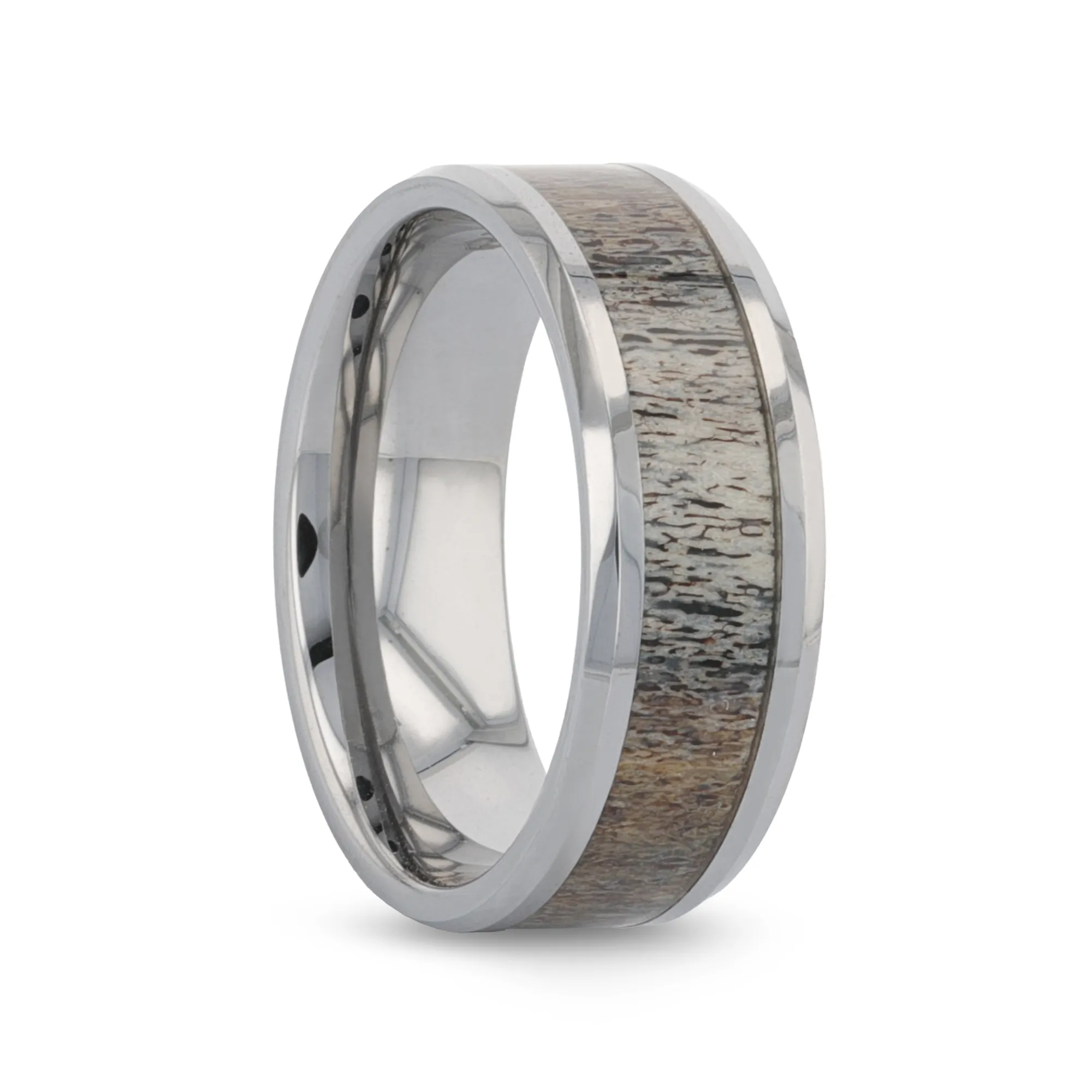 VENADO Beveled Tungsten Carbide Polished Men's Wedding Band with Variable Antler Inlay - 8mm