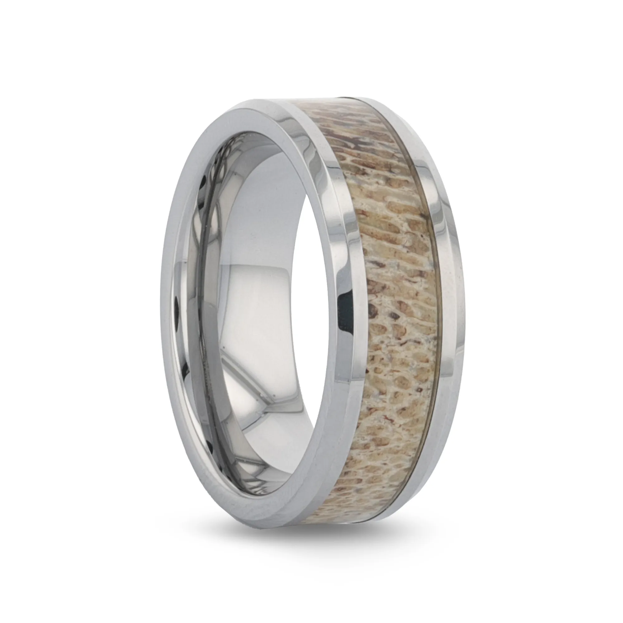 VENADO Beveled Tungsten Carbide Polished Men's Wedding Band with Variable Antler Inlay - 8mm