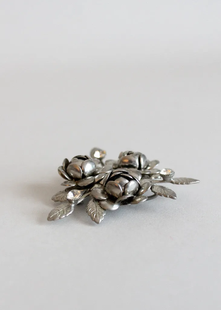 Vintage 1950s Roses and Rhinestones Brooch Pendant