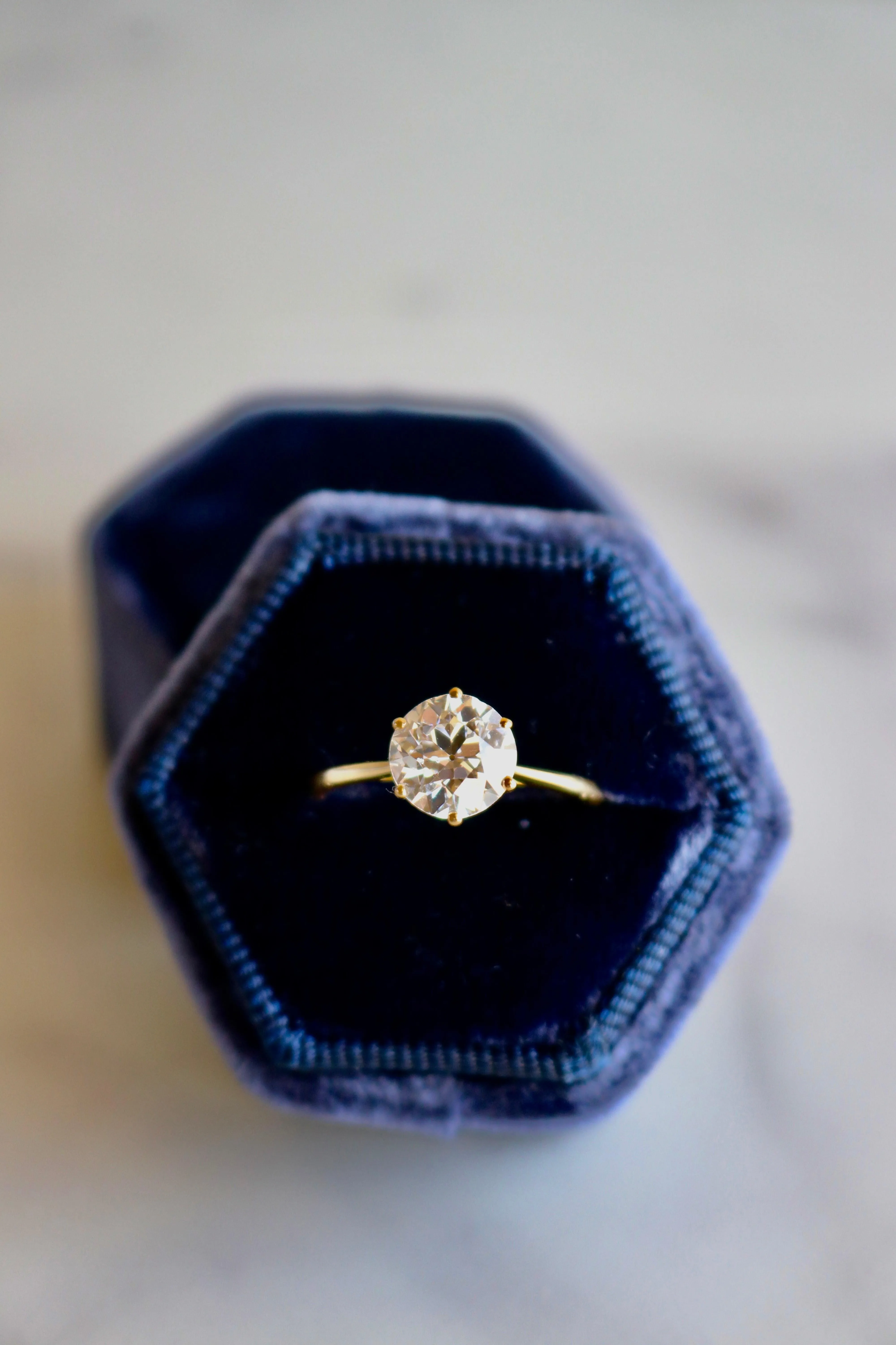 Vintage French GIA 2.12 Carat Old European Cut Diamond 18k Yellow Gold Solitaire