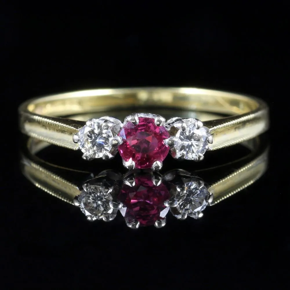 Vintage Ruby Diamond Trilogy Ring 18Ct Gold Dated 1986