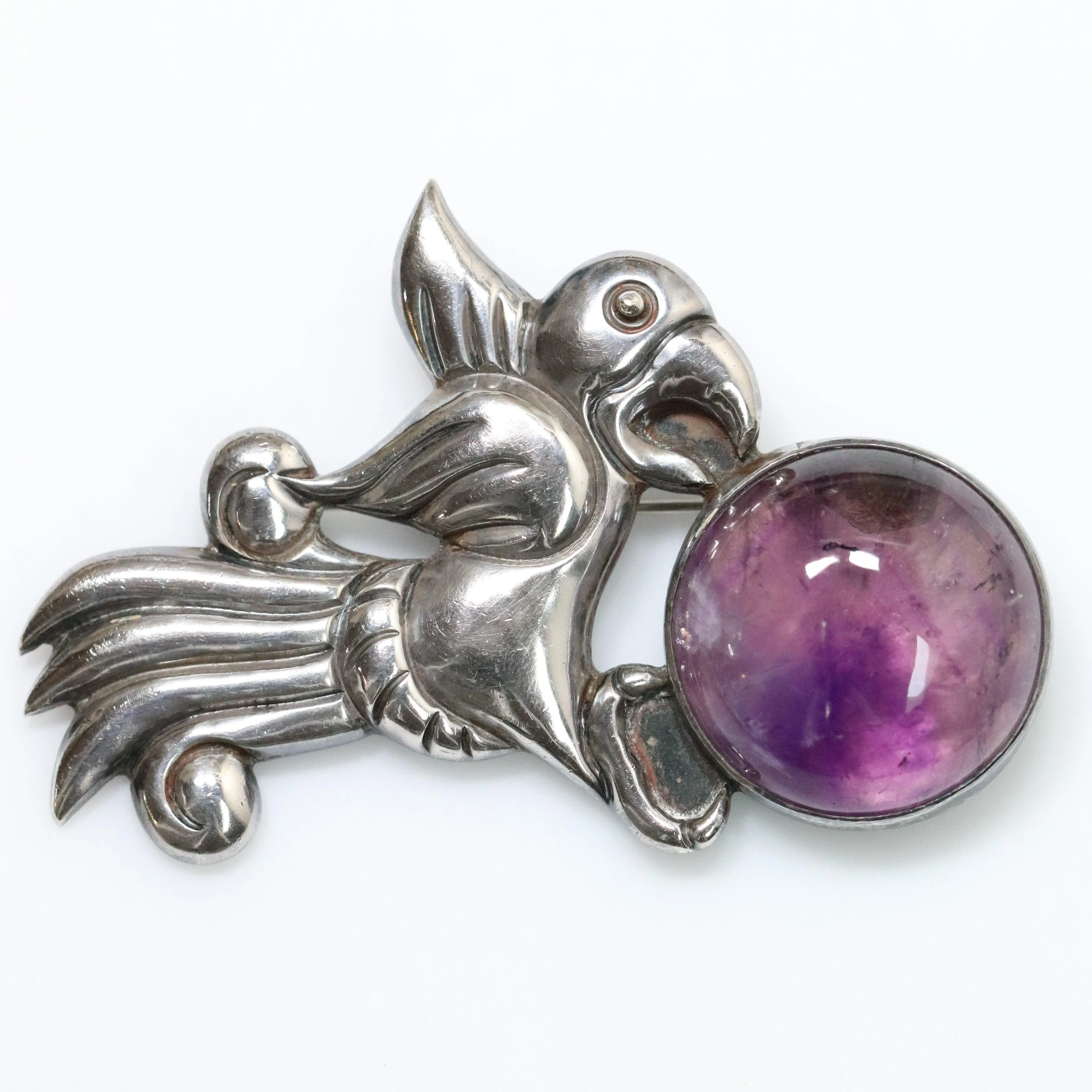 Vintage William Spratling Taxco Silver Mexican Jewelry | Amethyst Parrot Brooch