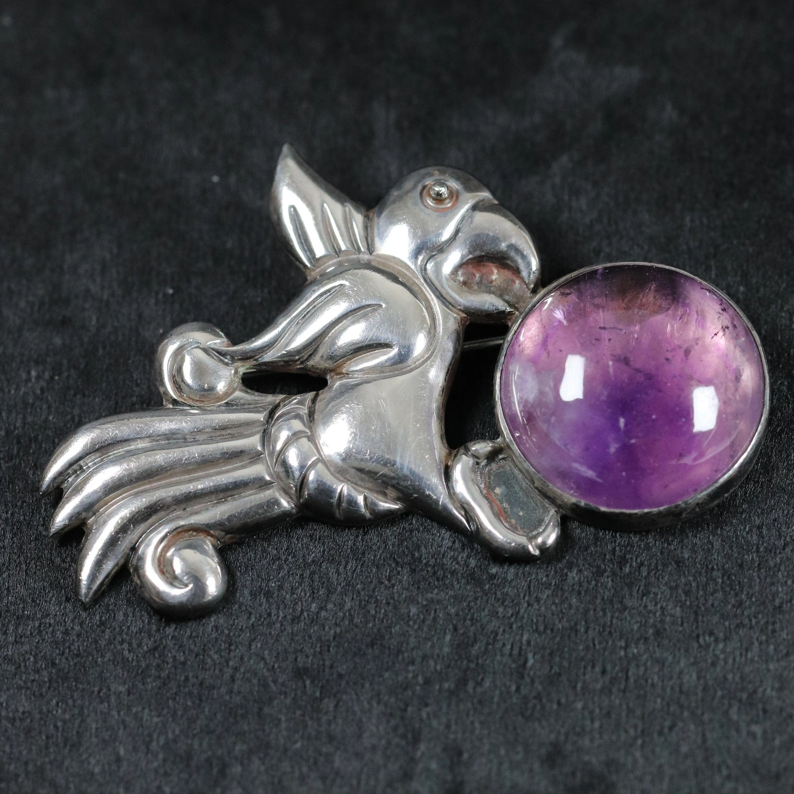 Vintage William Spratling Taxco Silver Mexican Jewelry | Amethyst Parrot Brooch