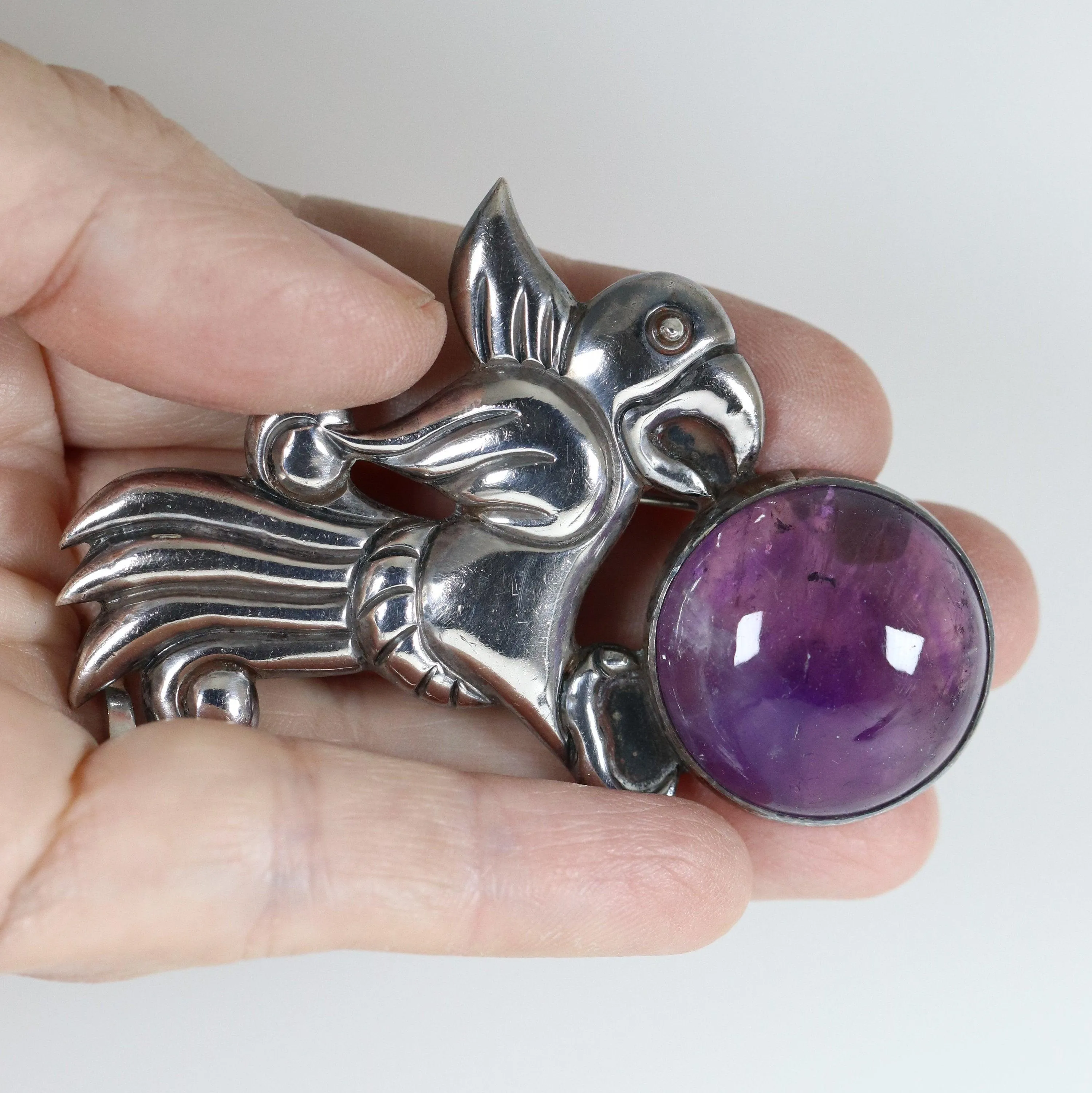 Vintage William Spratling Taxco Silver Mexican Jewelry | Amethyst Parrot Brooch