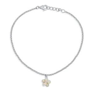 White Opal Inlay Plumeria Flower Anklet Ankle Bracelet Sterling Silver