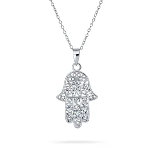 Yoga Filigree Hamsa Pendant Necklace in Sterling Silver - Hand of God Amulet